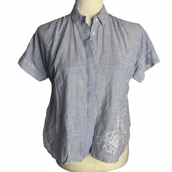 Tops - Floral Embroidered Button Up Striped Shirt 60PE